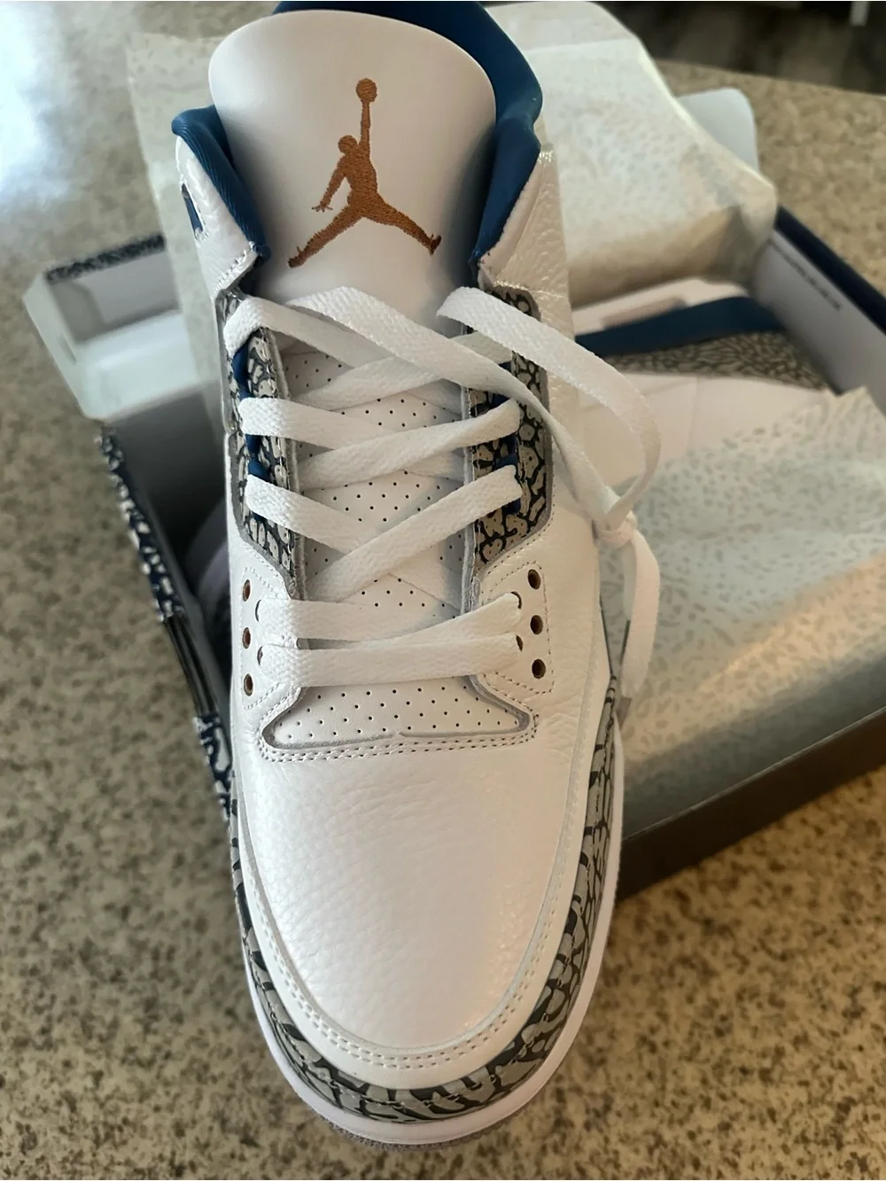 Air Jordan 3 Retro. Men’s White with Blue and Gold Jumpman Sneakers